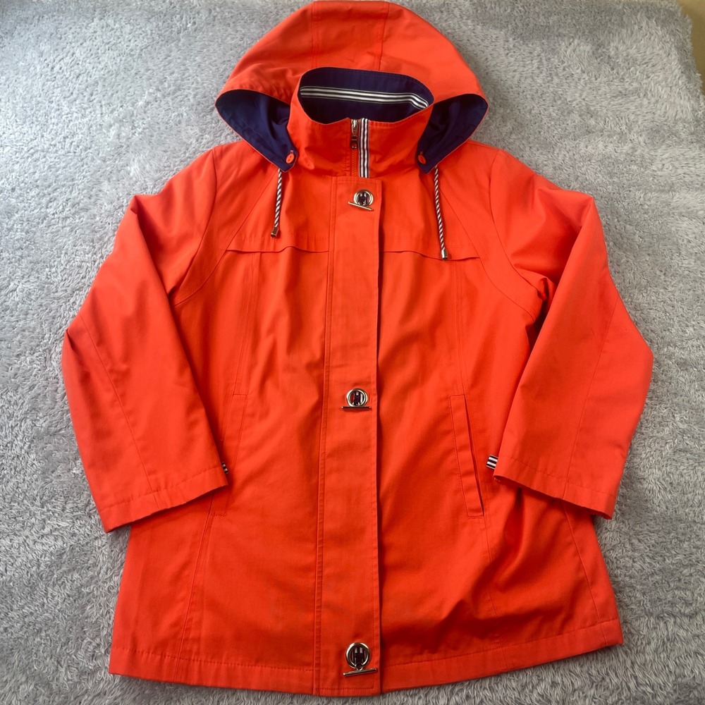 Tommy Hilfiger Rain Jacket Womens M Orange Hooded Toggle Zip Coat H2708
